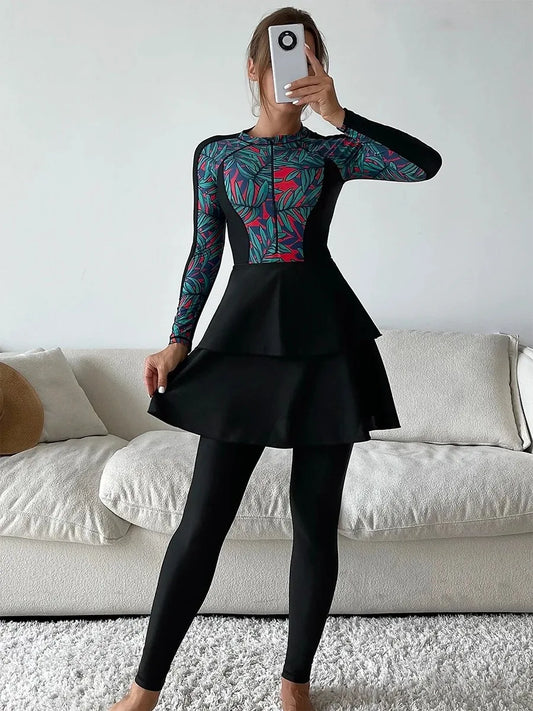 3 Piece Swimwear Women Long Sleeve Swimsuit Long Pants Top Conservative Bathing Suit