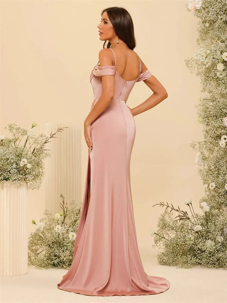 Off-the-Shoulder Spaghetti Straps Silk Satin Sheath Bridesmaid Dress Elegant Zipper Back Gowns For Wedding Guests The Clothing Company Sydney