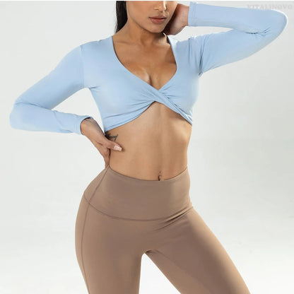 Long Sleeve Gym Crop Tops for Women Twist Deep V Workout Crop T Shirt Top Quick Dry Padded Sports Fitness Yoga Top The Clothing Company Sydney