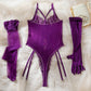 Lace Bodysuit Lace Up Costume Long Gloves Stocking See-Through Tights Lingerie Matching Outfit Set