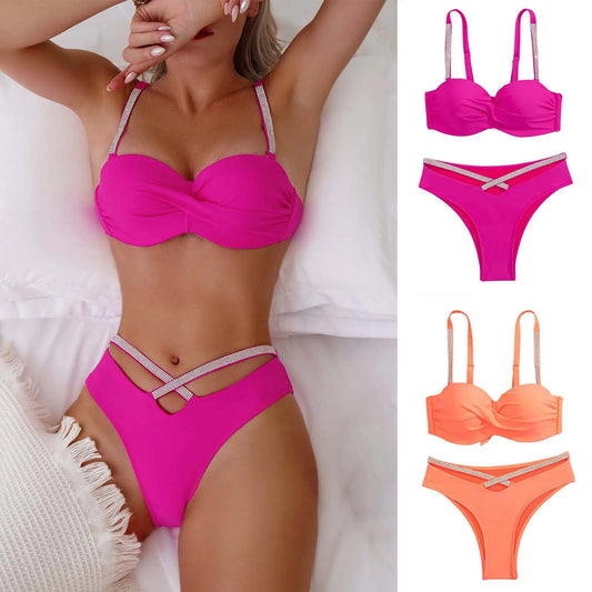 2 Piece Shiny Rhinestone Bikini Double Shoulder Thin Shoulder Straps Push Up Swimwear Pleated Swimsuit