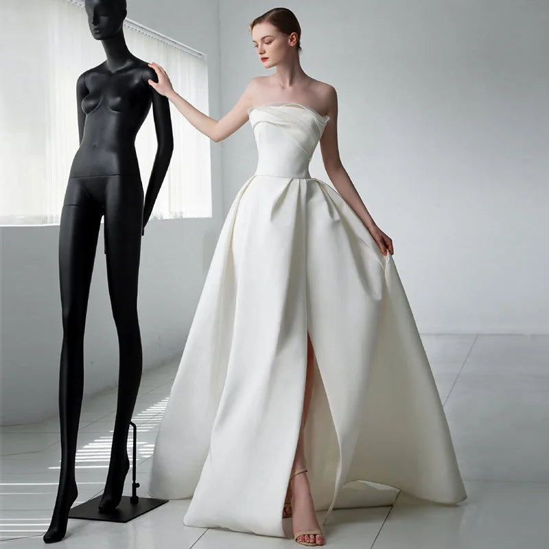 Luxury White Satin Trailing Wedding Dresses Women Elegant Strapless Long Prom Party Bridal Dress