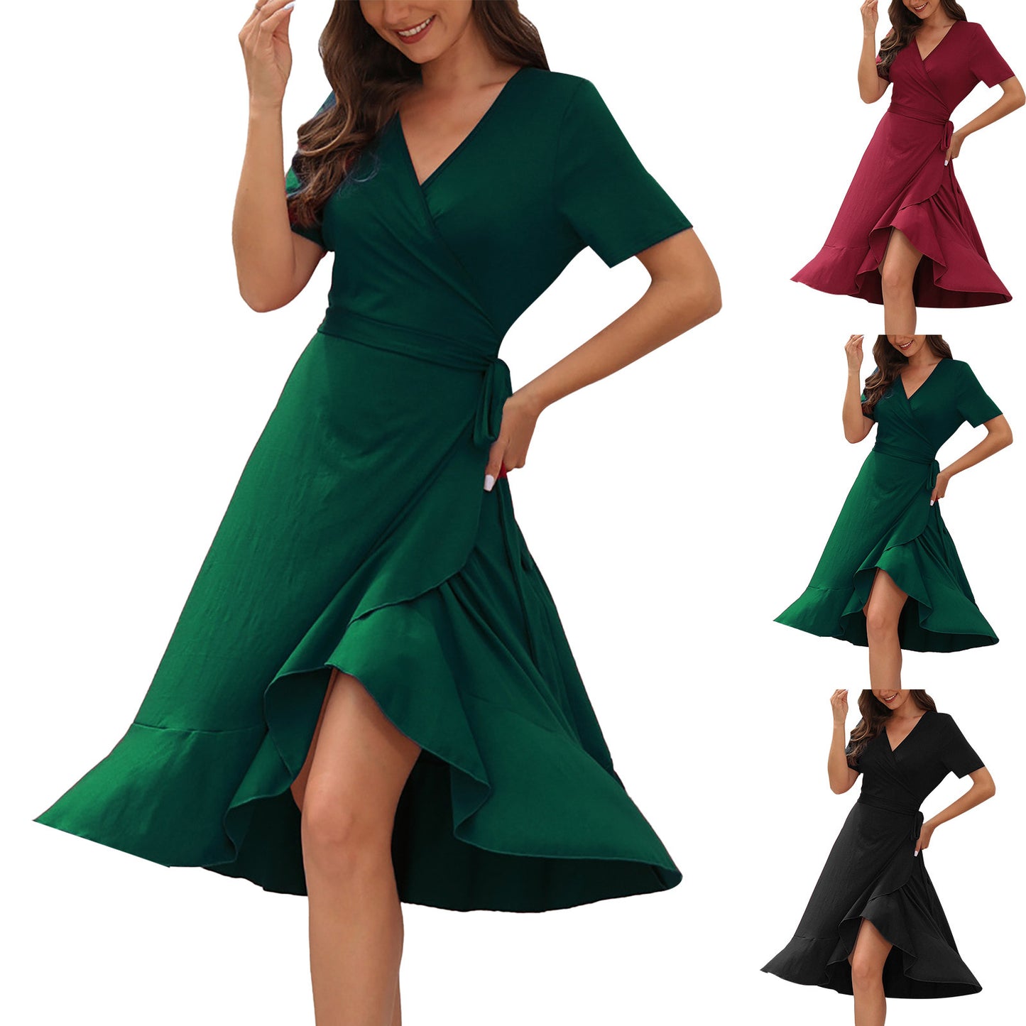 Short Sleeve Ladies Summer Ruffle Hem Slim Wrap Dresses With Belt