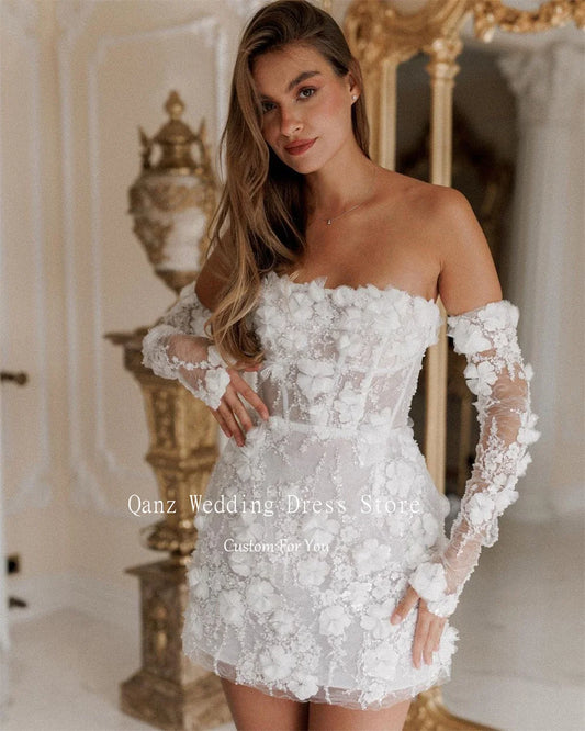 Elegant Short Wedding Dresses White Flowers Mermaid Detachable Sleeves Bridal Dress The Clothing Company Sydney