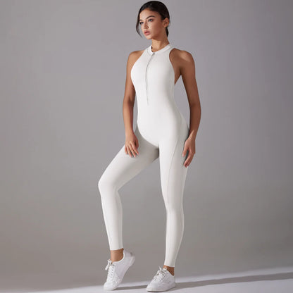 Hollow Backless Scrunch Sporty Jumpsuit Woman Gym Set One Piece Sport Suit Sleeveless Zip Yoga Fitness Overalls