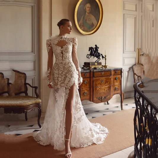 Luxury ivory long sleeve mermaid wedding dress with lace appliques, high neck, pleat, side slit and sweep train