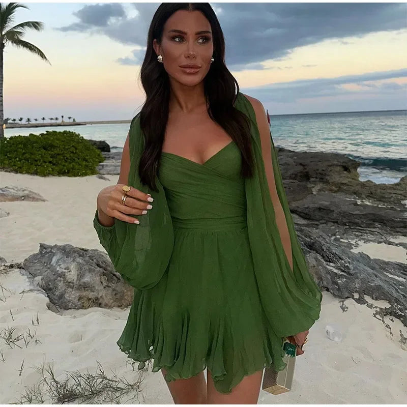 Green Pleated Mini Elegant V-neck Split Long Sleeve A-line Summer Lady Solid Backless Lace Up Dress