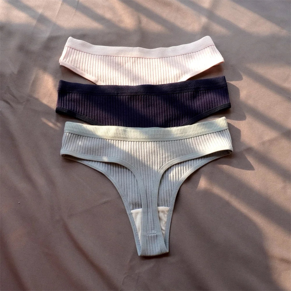 3 Pack Seamless Ribbed Cotton Thong Low Waist Bikini Briefs Sports Underwear Plus Size