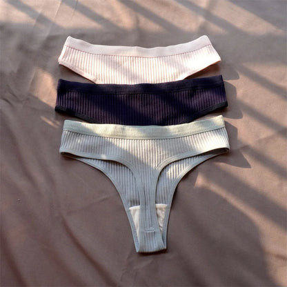 3 Pack Seamless Ribbed Cotton Thong Low Waist Bikini Briefs Sports Underwear Plus Size