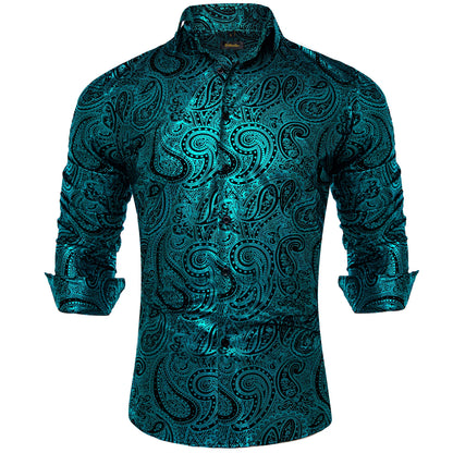 Pink Blue Red Paisley Print Men's Long Sleeve Social Men Clothing Tops Slim Fit Dress Shirts