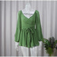 Green Pleated Mini Elegant V-neck Split Long Sleeve A-line Summer Lady Solid Backless Lace Up Dress