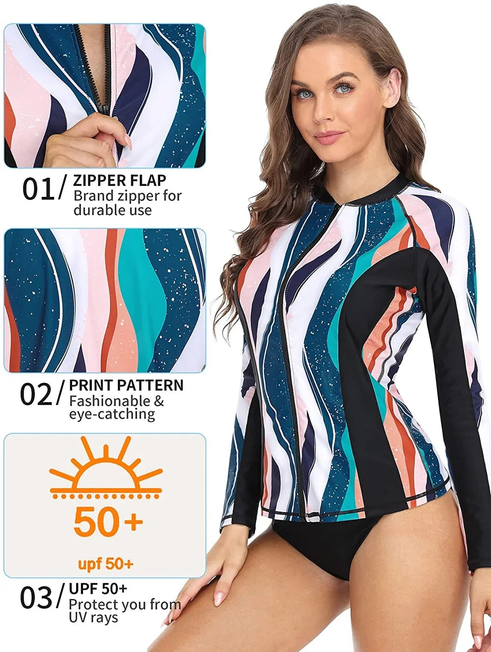 Women Long Sleeve Zipper Rashguard Top Floral Print Rush guard Swimwear Surfing UPF50+ Swimwsuit The Clothing Company Sydney