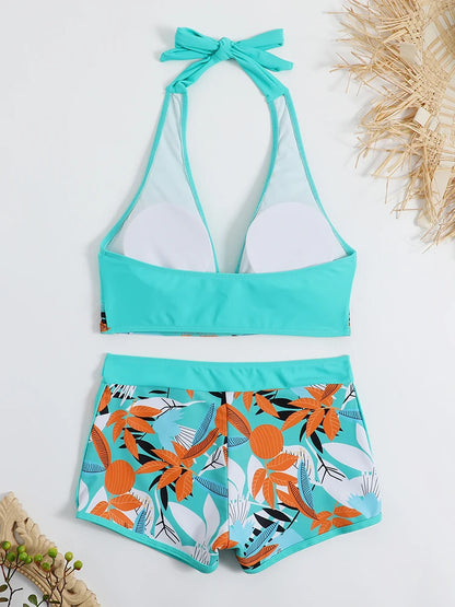 2 Piece Halter Bikini Set Shorts Swimsuit High Waist Swimwear Female Printed Bathers Swimming Bathing Swim Suit Beachwear