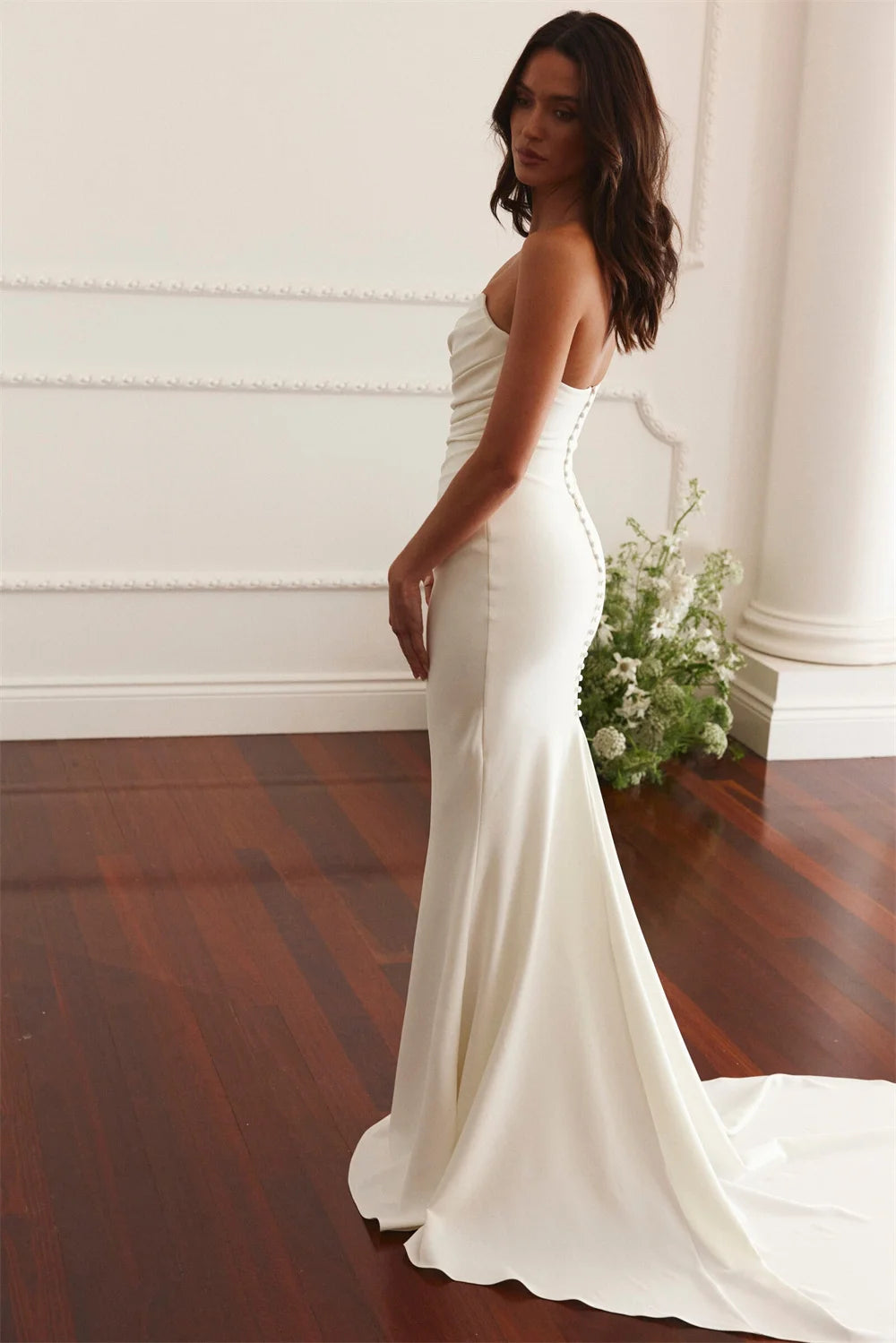 White Strapless Mermaid Long Train Simple Pleated Sleeveless Button Back Customized Formal Wedding Dress The Clothing Company Sydney