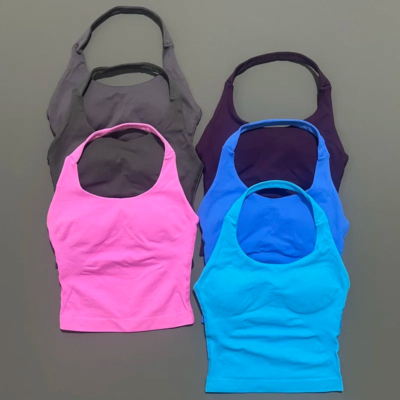 Halter Top Seamless Longline Strappy Gym Top Women Built-in Bra Removable Cups Activewear Yoga Tank Tops The Clothing Company Sydney