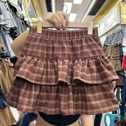 Y2k Cute Ruffled Plaid Skirt Punk Rock Casual Women's Skirts