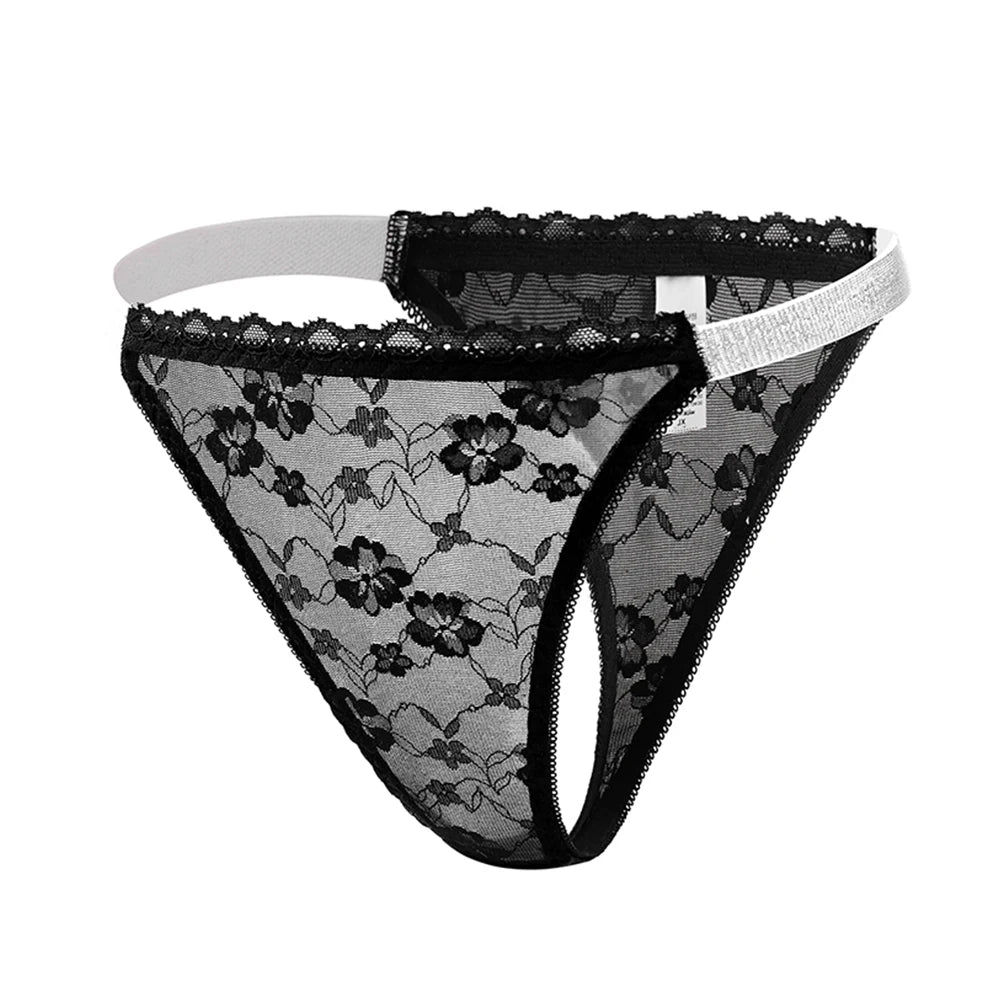 Women's lace G-string thong panties in breathable stretch fabric, elegant plus-size lingerie underwear