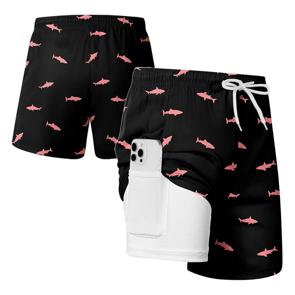 Men's quick dry double layer beach print swim trunks with compression liner and phone pockets