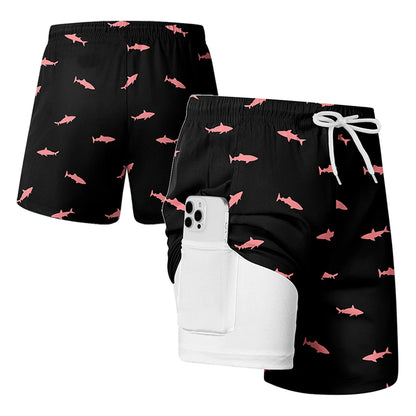 Men's quick dry double layer beach print swim trunks with compression liner and phone pockets