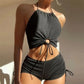 Brown Ribbed Swimwear Shorts Swimsuits Women Halter Bikinis Set String Drawstring Bathing Suit Beachwear