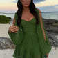 Green Pleated Mini Elegant V-neck Split Long Sleeve A-line Summer Lady Solid Backless Lace Up Dress