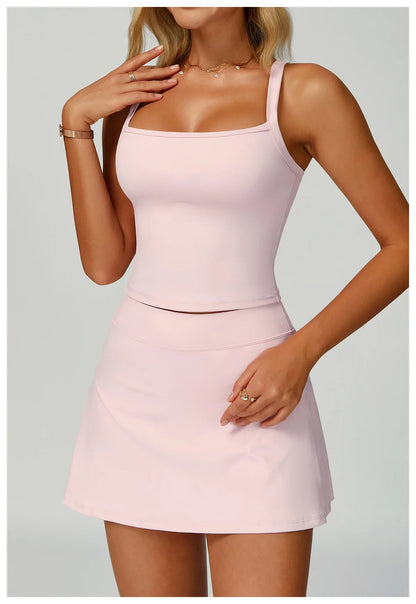 Women's Yoga Matching Set 2 Piece Sport Bra High Waist Sports Short Skirt Gym Fitness Sleeveless Workout Suit Sportswear