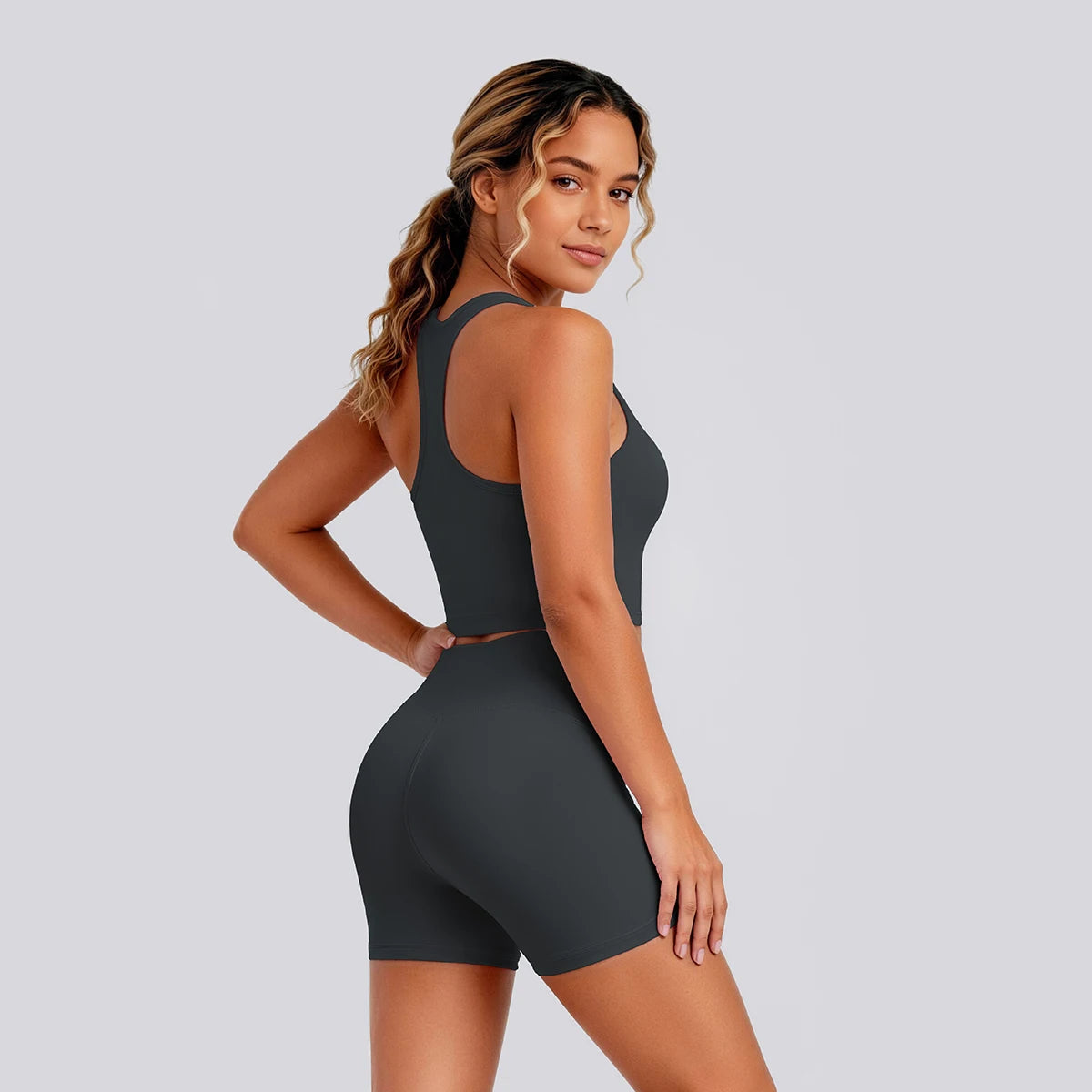 2 Piece Women's Breathable Workout Top I-shaped Vest  Push Up Quick-Dry Summer Yoga Shorts Matching Set