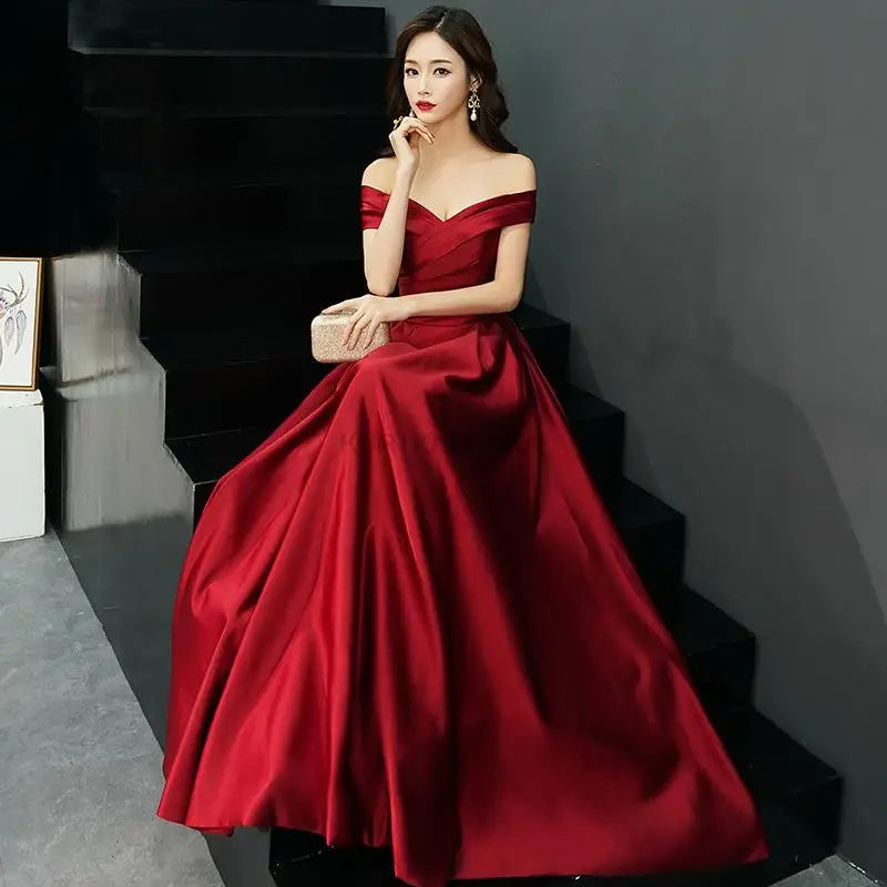 Elegant Formal Boat Neck Satin Wedding Bridesmaid Maxi Long Prom Evening Cocktail Party Summer Dresses