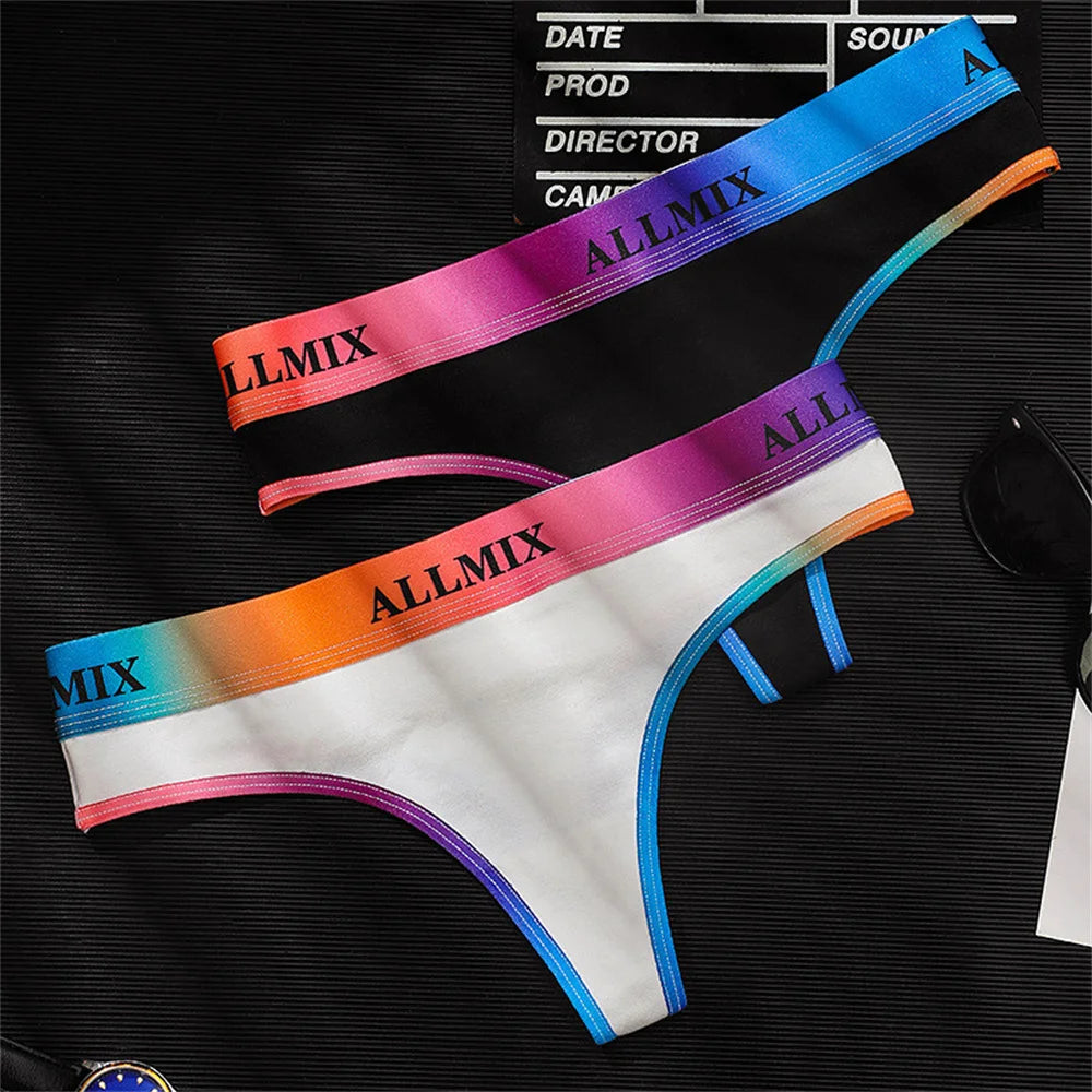 2 Pack Panties Cotton for Women Thong Rainbow Colour Underwear Ladies Elasticity G-string Briefs