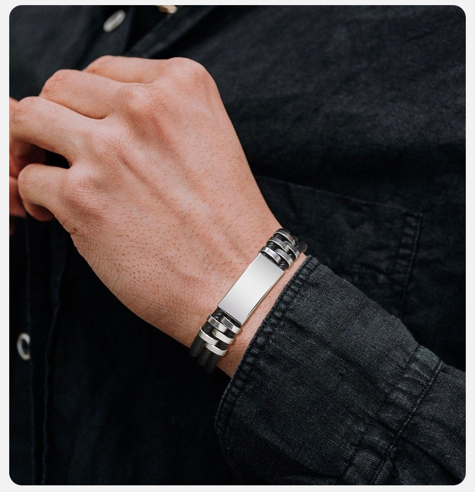 Custom Men's Bracelets, 11.5mm Laser Stainless Steel Bangle, Black Silicone Wristband Gift Jewellery The Clothing Company Sydney