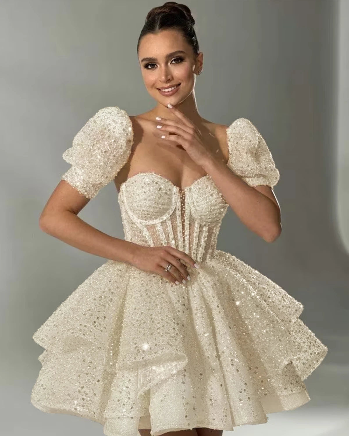 White Short Evening Sweetheart A-Line Mini Wedding Dress Detachable Sleeves Prom Gowns Bride Formal Party Dress The Clothing Company Sydney