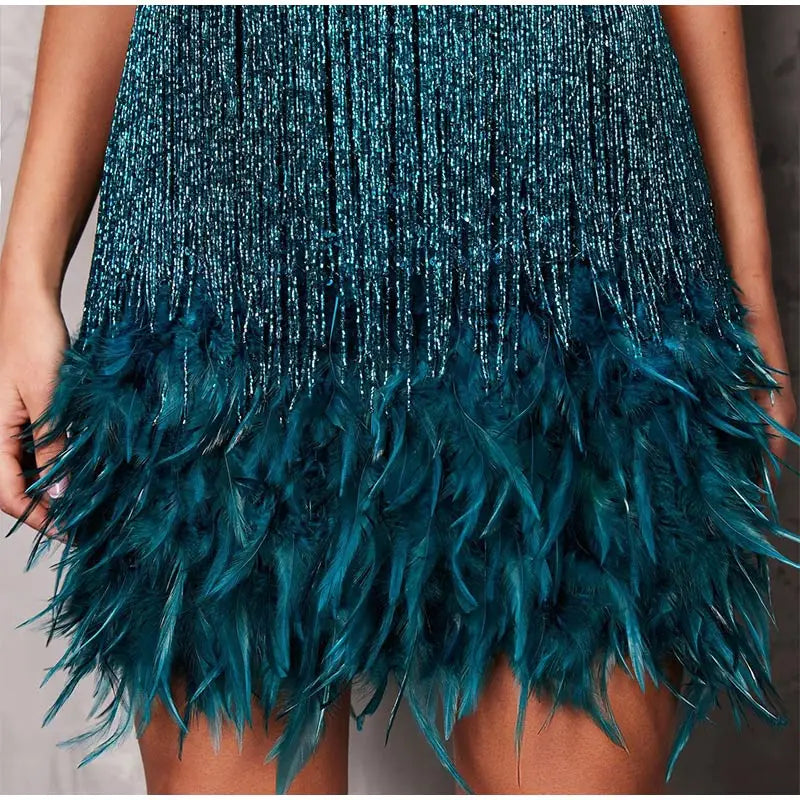 Tassel Sequins Feather Mini Dress Women's Spaghetti Strap Stitching Elegant Evening Party Club Dress