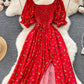 Women's Fashion Romantic Floral Print Split Long Summer Dress Puff Sleeve Party Dress