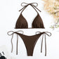 2 Piece Brown Bikini Red Halter Push Up Bra Tie Side Triangle Swimsuit Summer Bathing Suit Lace Up Micro Swimwear