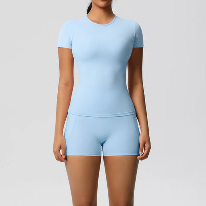 Workout Sportswear 2 Piece Piece Female Yoga Shirt Push Up Workout Clothes Outdoors Sport  High Waist  Fitness Sport Shorts