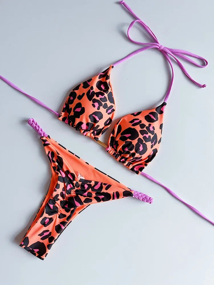 Women's Braided rope Micro Bikinis  Swimsuit Leopard Print Beach Bathing Suit