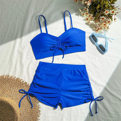 Wrinkled Knotted Shorts High Waist Bikini Swimsuit Women Swimwear Two-piece Bikini set Bather Bathing Suit
