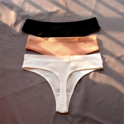 3 Pack Seamless Ribbed Cotton Thong Low Waist Bikini Briefs Sports Underwear Plus Size