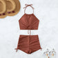 Brown Ribbed Swimwear Shorts Swimsuits Women Halter Bikinis Set String Drawstring Bathing Suit Beachwear The Clothing Company Sydney