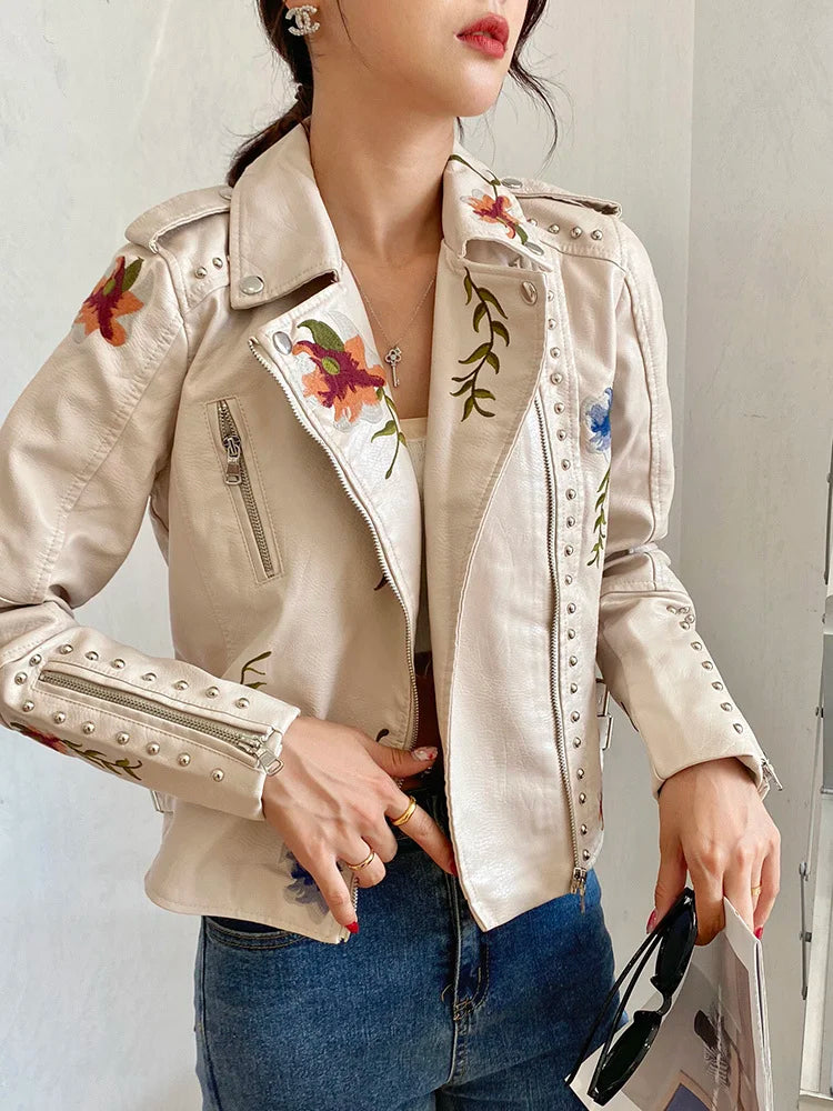 PU Leather Embroidered Rivet Coat Biker Streetwear Zipper Overcoat Women's Jackets Spring Clothes The Clothing Company Sydney