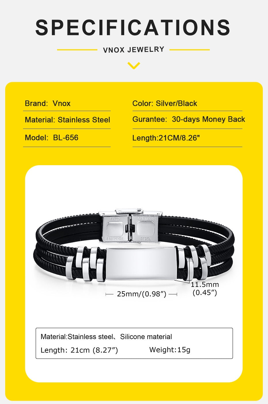 Custom Men's Bracelets, 11.5mm Laser Stainless Steel Bangle, Black Silicone Wristband Gift Jewellery The Clothing Company Sydney