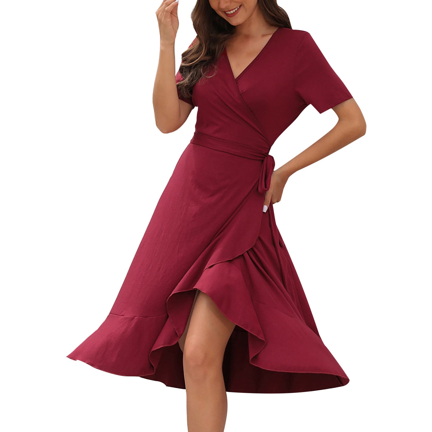 Short Sleeve Ladies Summer Ruffle Hem Slim Wrap Dresses With Belt