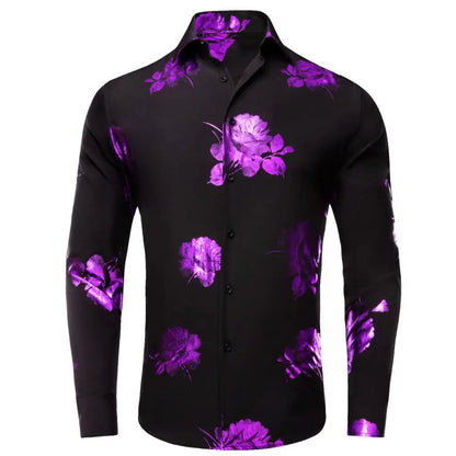 Lilac Mauve Lavender Purple Silk Mens Shirts Luxury Lapel Long Sleeve Dress Shirt