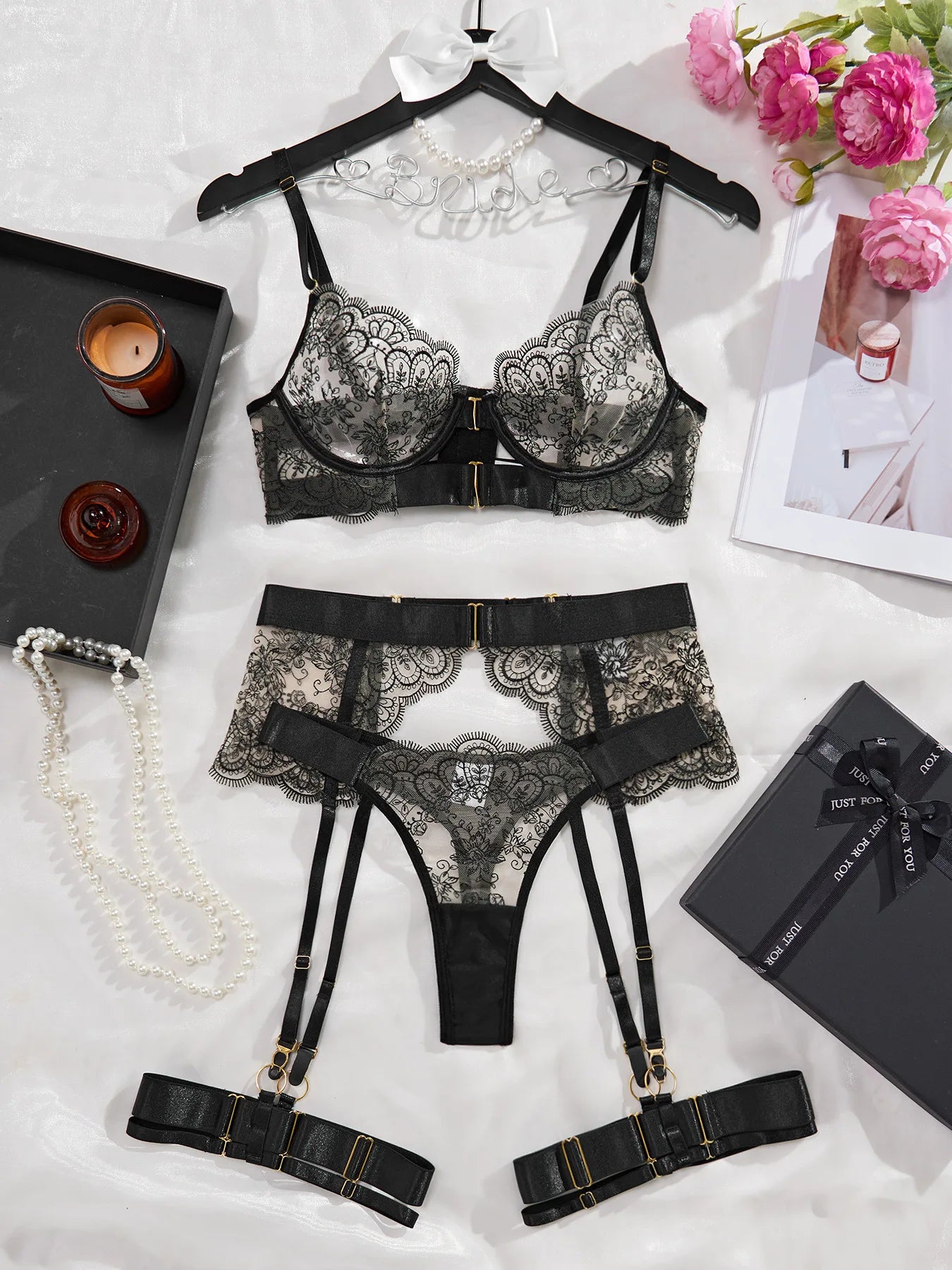 3 Piece Lingerie Lace Ladies Underwear Suspender Set Outfits