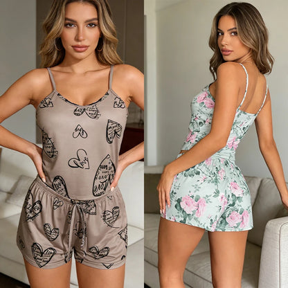 Womens Pajama Ladies Satin Pyjama Print Round Neck Ice Silk Top T-Shirt and Shorts Sets
