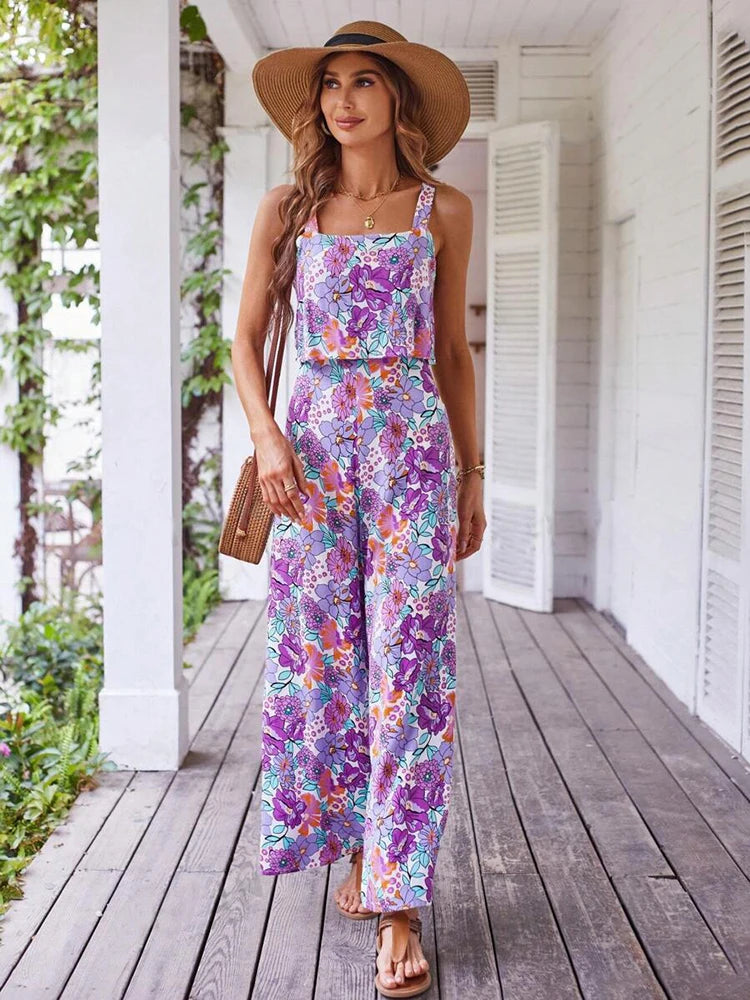 Elegant Long Women's Backless Wide Leg Jumpsuits Casual Sleeveless Floral Rompers Summer Matching Outfit Set