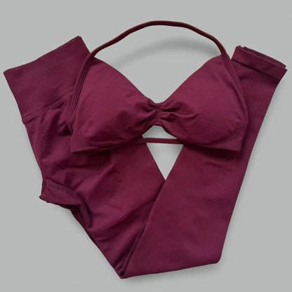 Women's seamless yoga set with halter sports bra and high-waisted lifting leggings by The Clothing Company Sydney