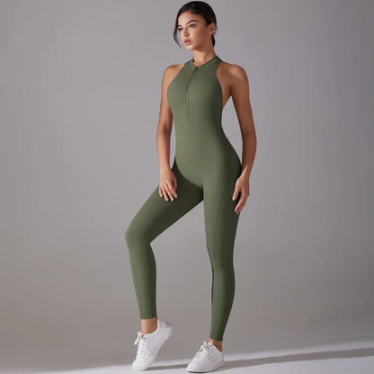 Hollow Backless Scrunch Sporty Jumpsuit Woman Gym Set One Piece Sport Suit Sleeveless Zip Yoga Fitness Overalls