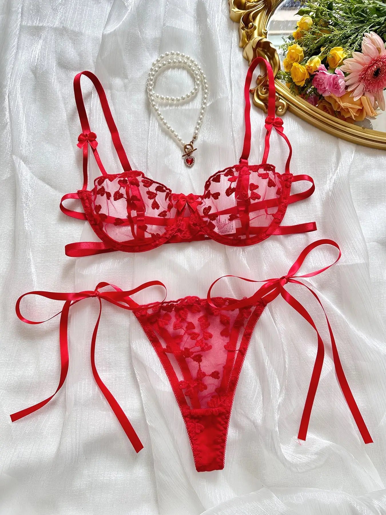 Heart Shaped Embroidery 2 Piece Lace Lineries Outfit Set