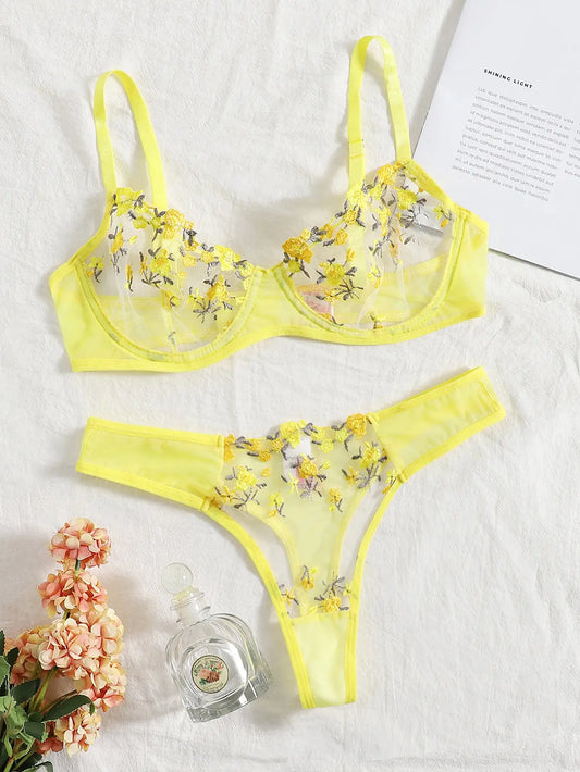 Lace Transparent Underwear Fairy Embroidery Brief Sets Delicate Bra Kit Push Up Bra Lingerie Set